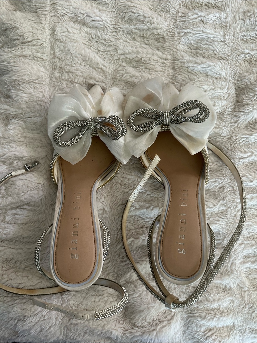 Gianni Bini Ivory Bow Rhinestone Ankle-Tie Heels